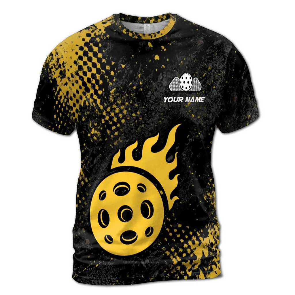 Custom Name Pickleball Team Black Yellow Fireball Dots Men's 3D T-shirt S-5XL