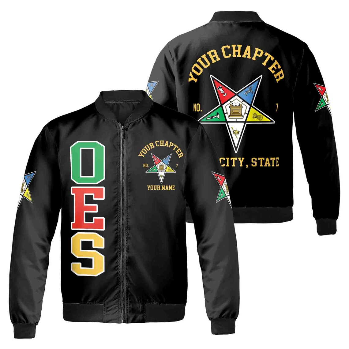 Custom Name Chapter Order of the Eastern Star OES Pentagon Up Unisex Bomber Jacket