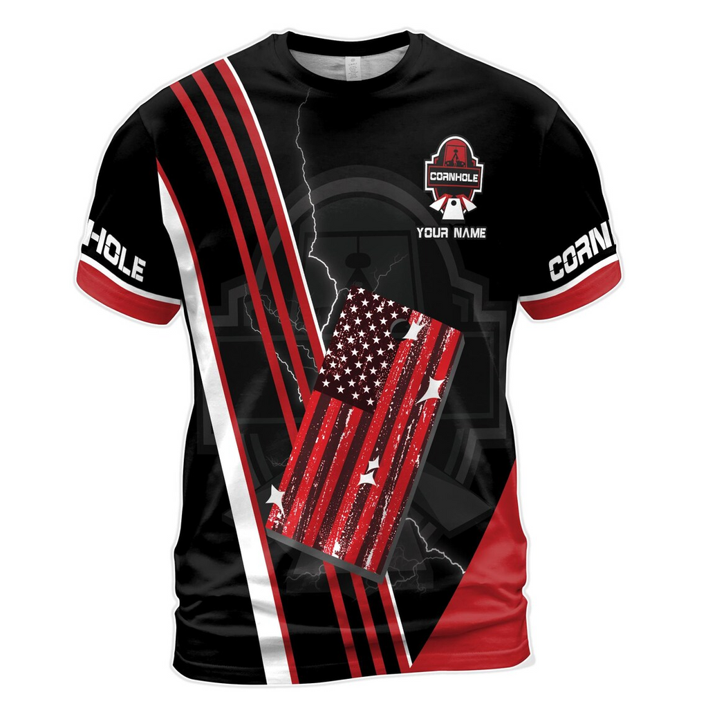 Customized Cornhole Team Retro American Flag Black and Red Men's 3D T-shirt S-5XL