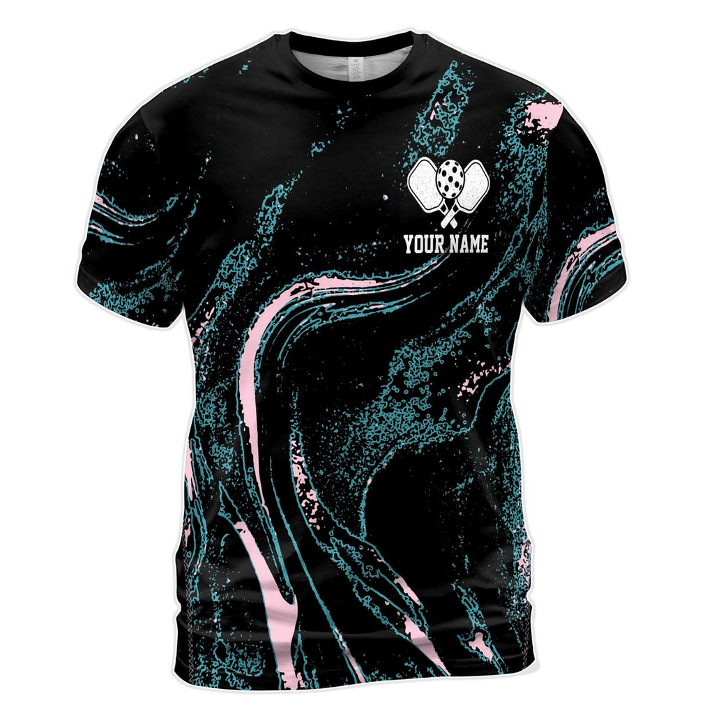 Custom Name Pickleball 3D Marble Wave Pattern Black Men's 3D T-shirt S-5XL