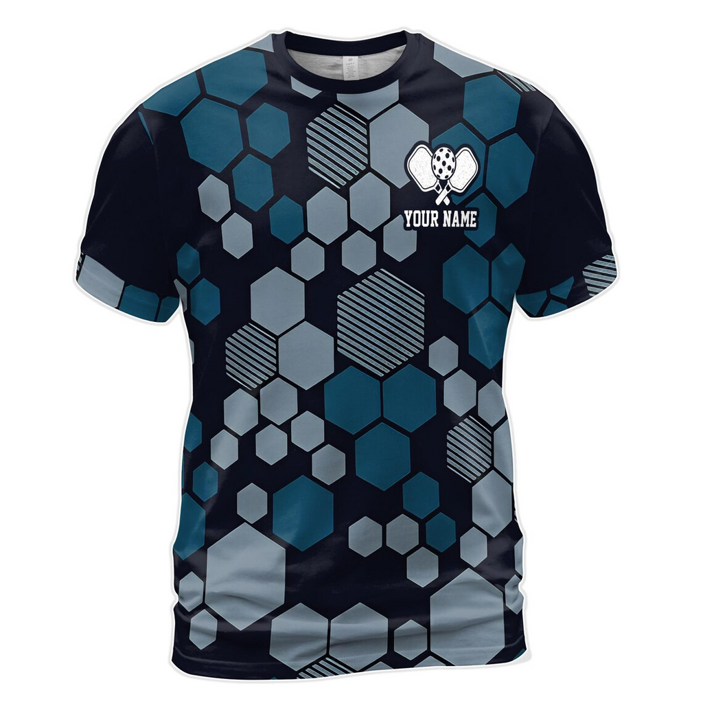 Custom Name Pickleball Team Hexagon Pattern Peace Love Black Men's 3D T-shirt S-5XL