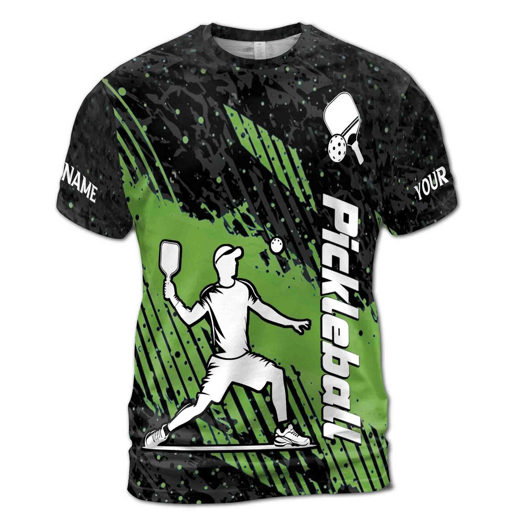 Custom Name Pickleball Team Paddle Ball Striped Green Black Men's 3D T-shirt S-5XL