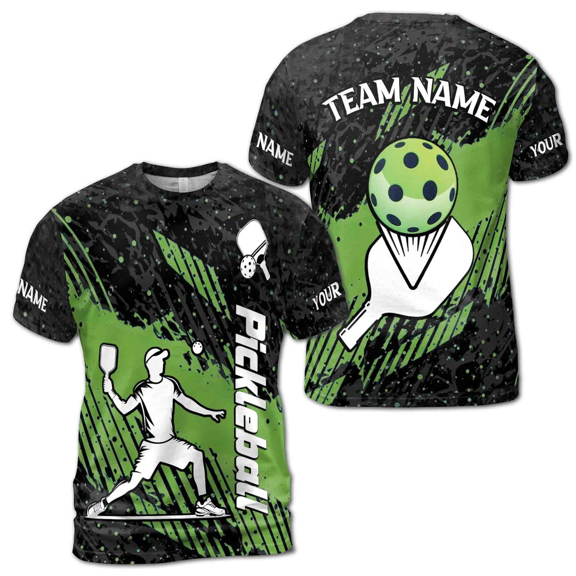 Custom Name Pickleball Team Paddle Ball Striped Green Black Men's 3D T-shirt S-5XL