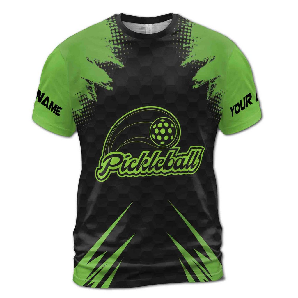 Funny Custom Name Pickleball Team Green Black Men's 3D T-shirt S-5XL