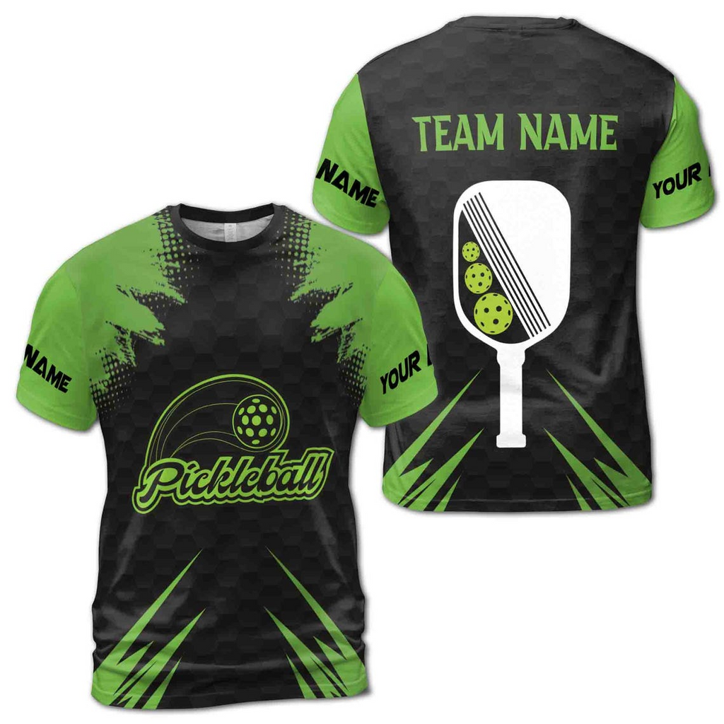 Funny Custom Name Pickleball Team Green Black Men's 3D T-shirt S-5XL