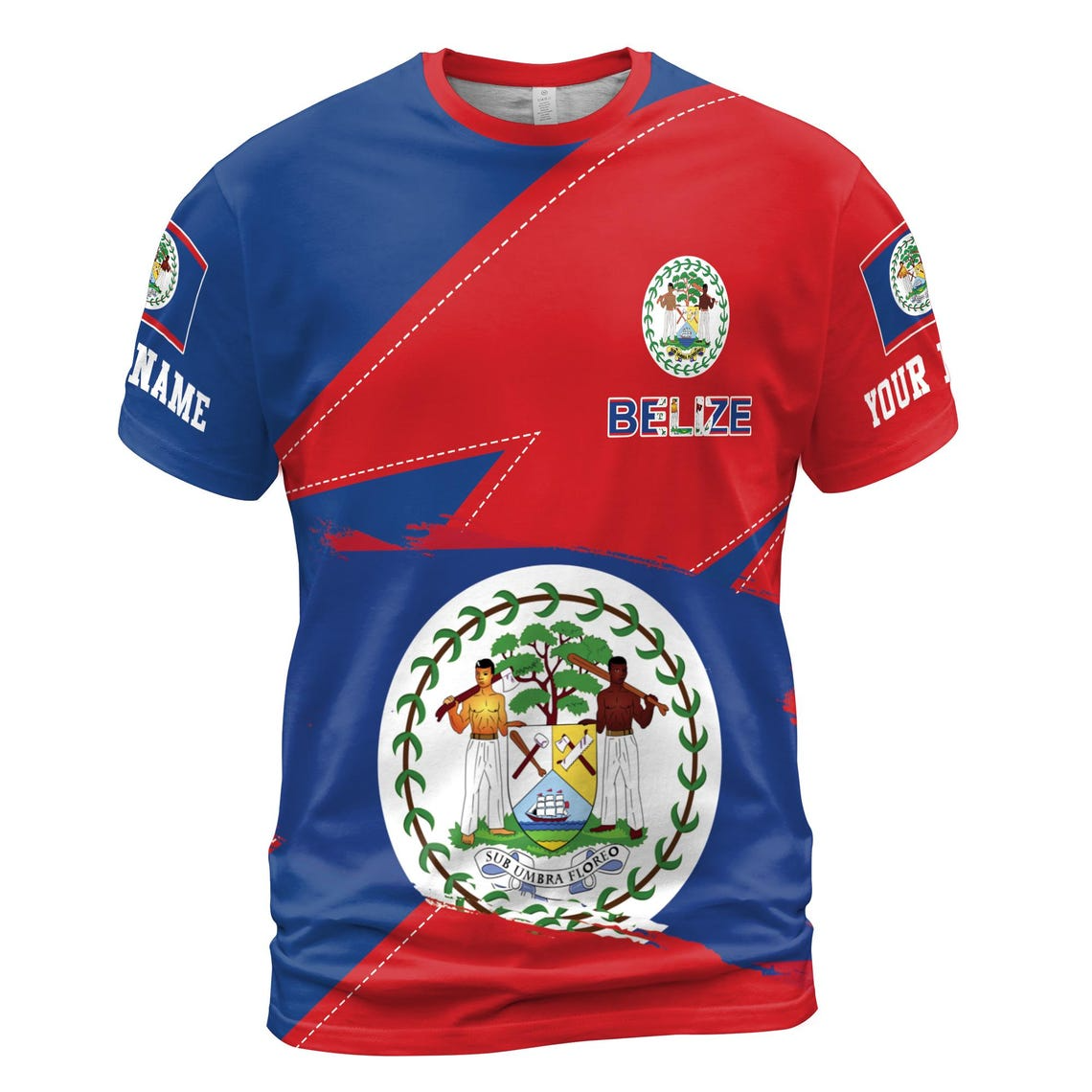 Custom Name Belize Flag Coat Of Arms Patriotic Blue Red 3D T-shirt S-5XL