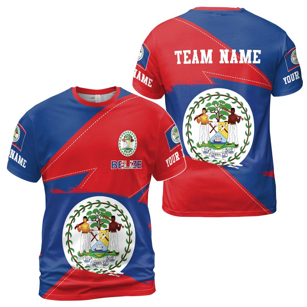 Custom Name Belize Flag Coat Of Arms Patriotic Blue Red 3D T-shirt S-5XL