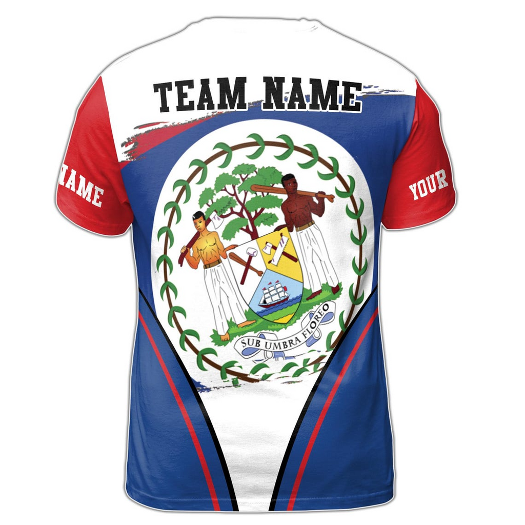 Custom Name Belize Coat Of Arms Flag Blue White Red 3D T-shirt S-5XL