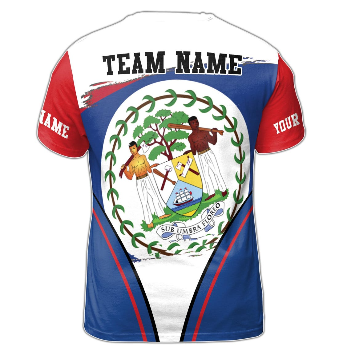 Custom Name Belize Coat Of Arms Flag Blue White Red 3D T-shirt S-5XL