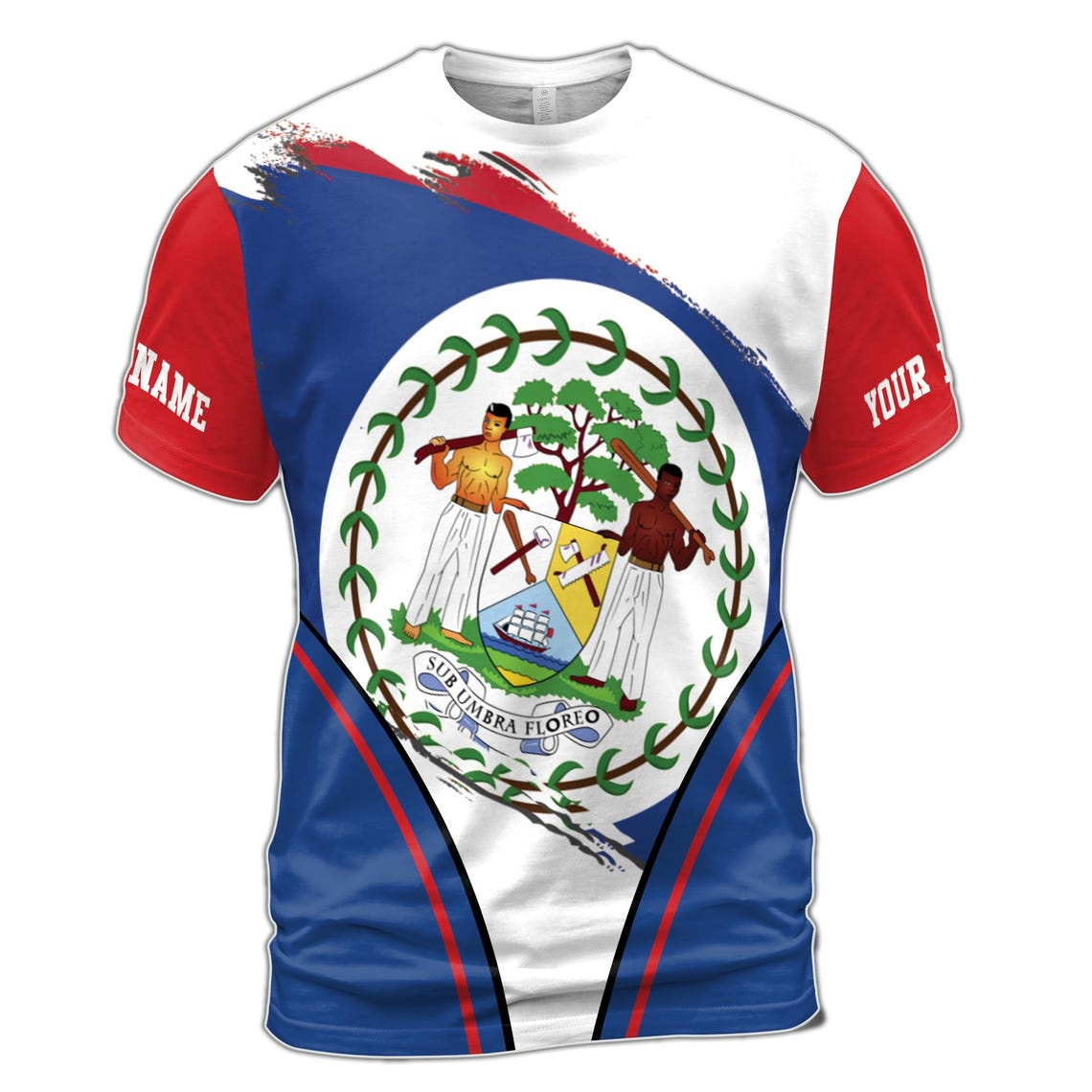 Custom Name Belize Coat Of Arms Flag Blue White Red 3D T-shirt S-5XL