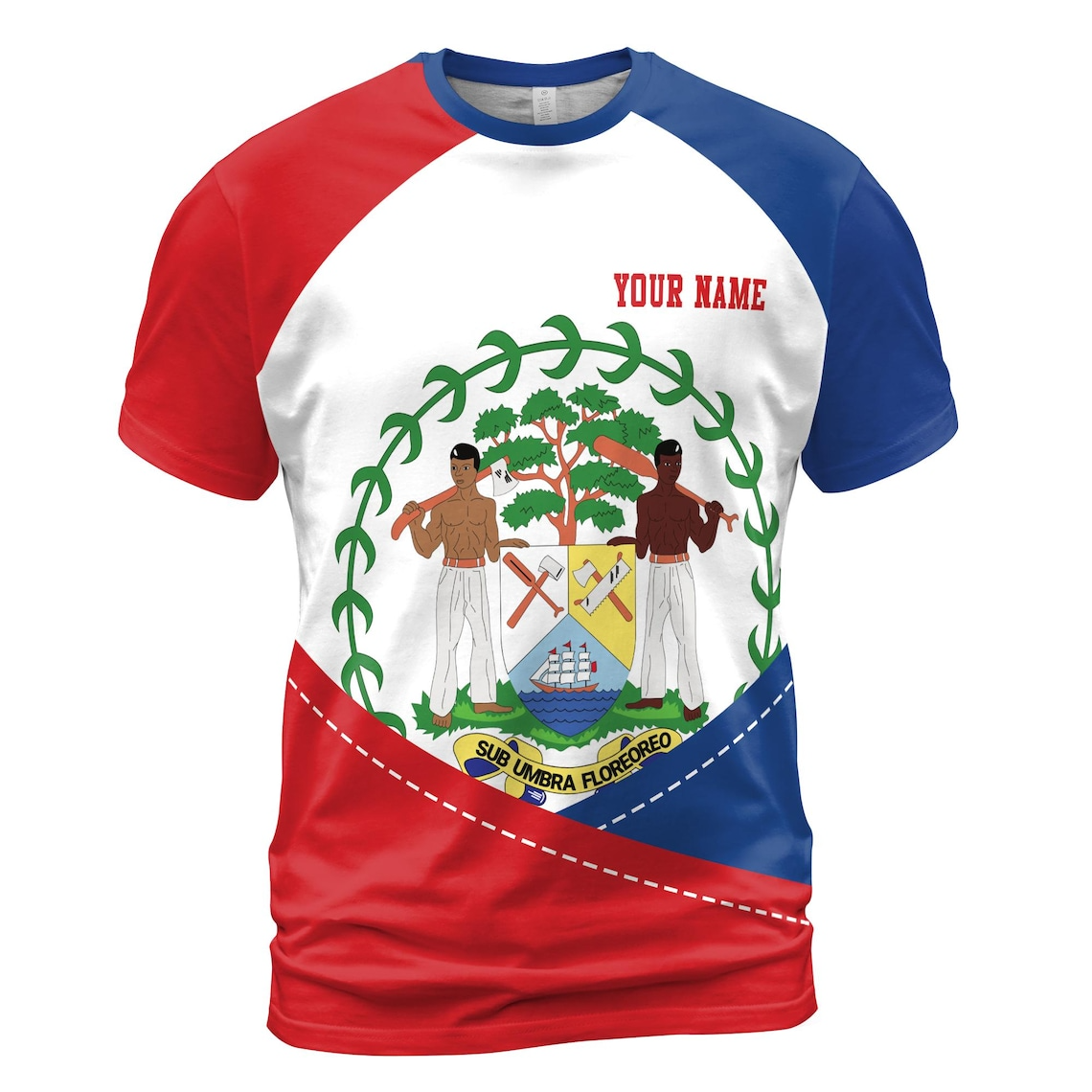 Custom Name Belize Flag Coat Of Arms Red White Blue Patriotic 3D T-shirt (S-5XL)