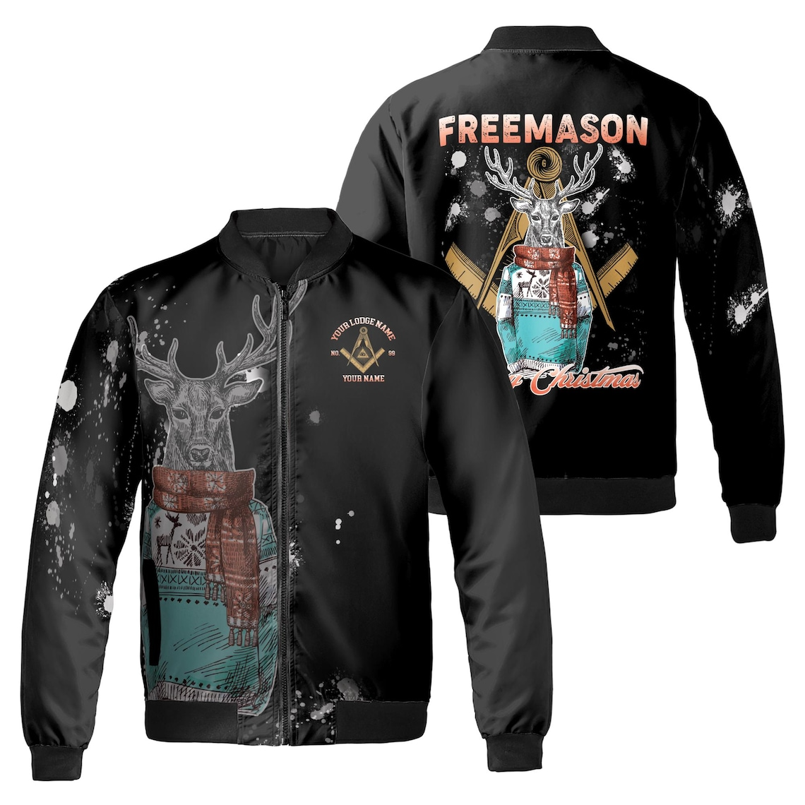 Customize Freemason Christmas Reindeer In Clothing Splashes Pattern Bomber Jacket (S-5XL)