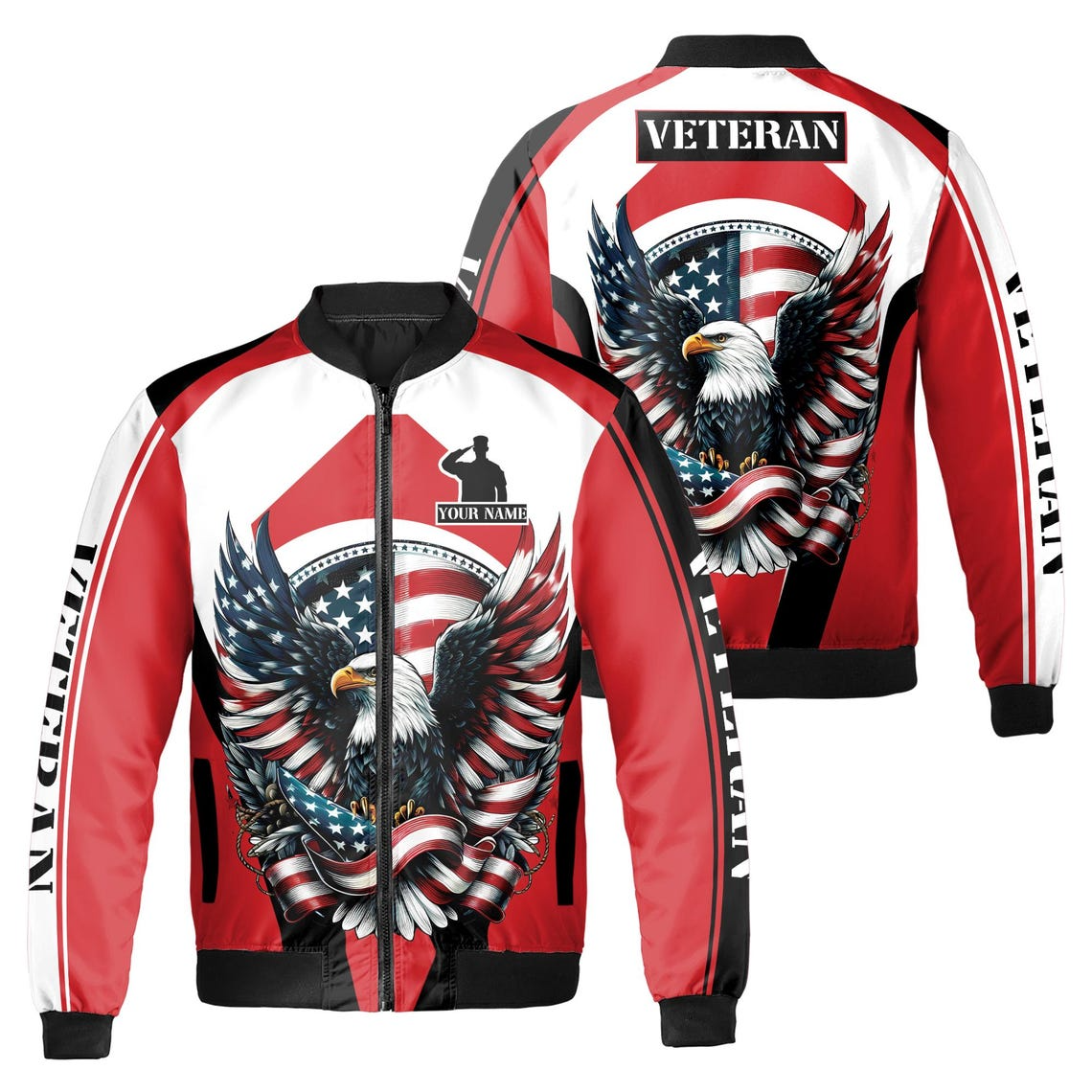 Customize Name Veteran Salute America Flag Eagle Stars Patriotic Red Bomber Jacket (S-5XL)