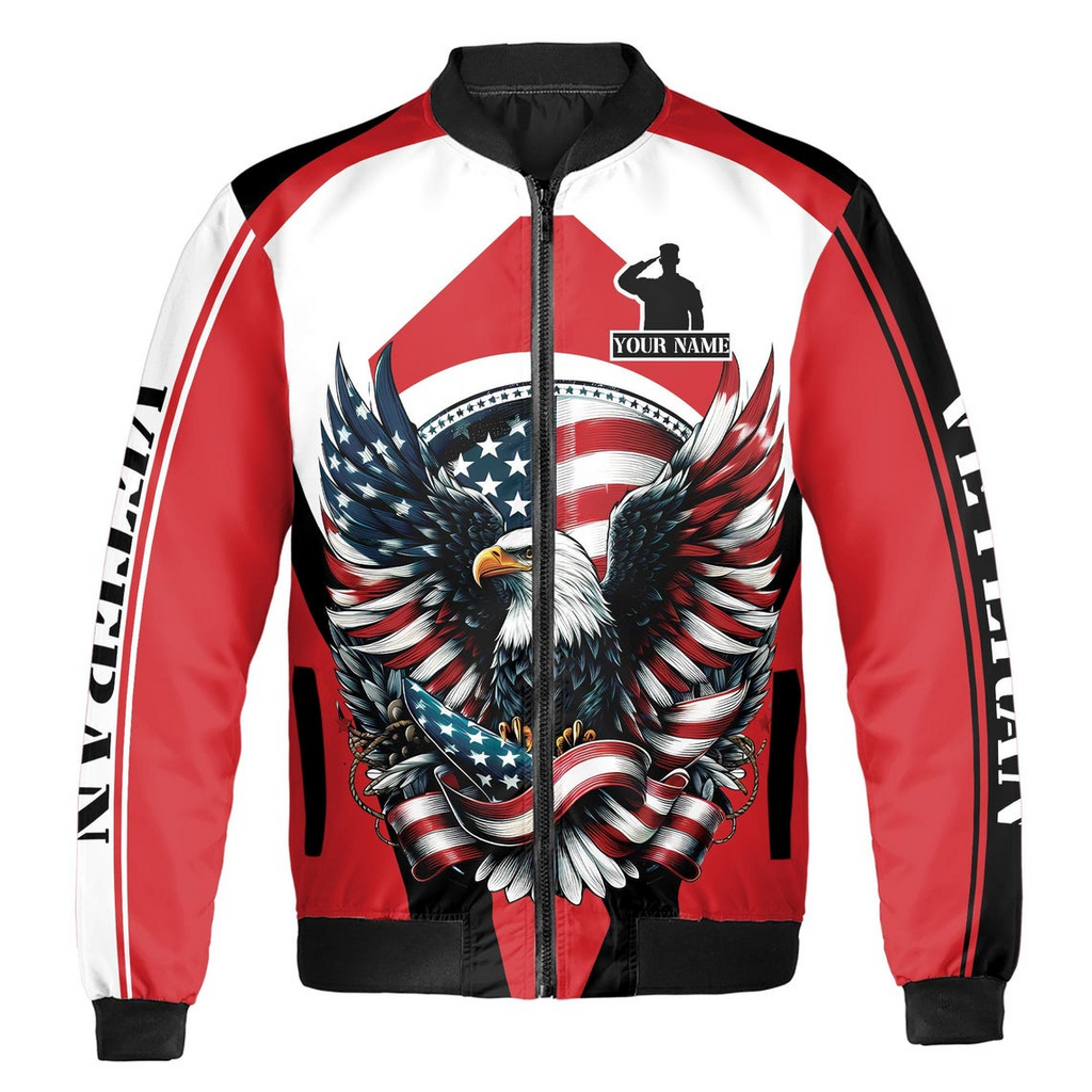 Customize Name Veteran Salute America Flag Eagle Stars Patriotic Red Bomber Jacket (S-5XL)
