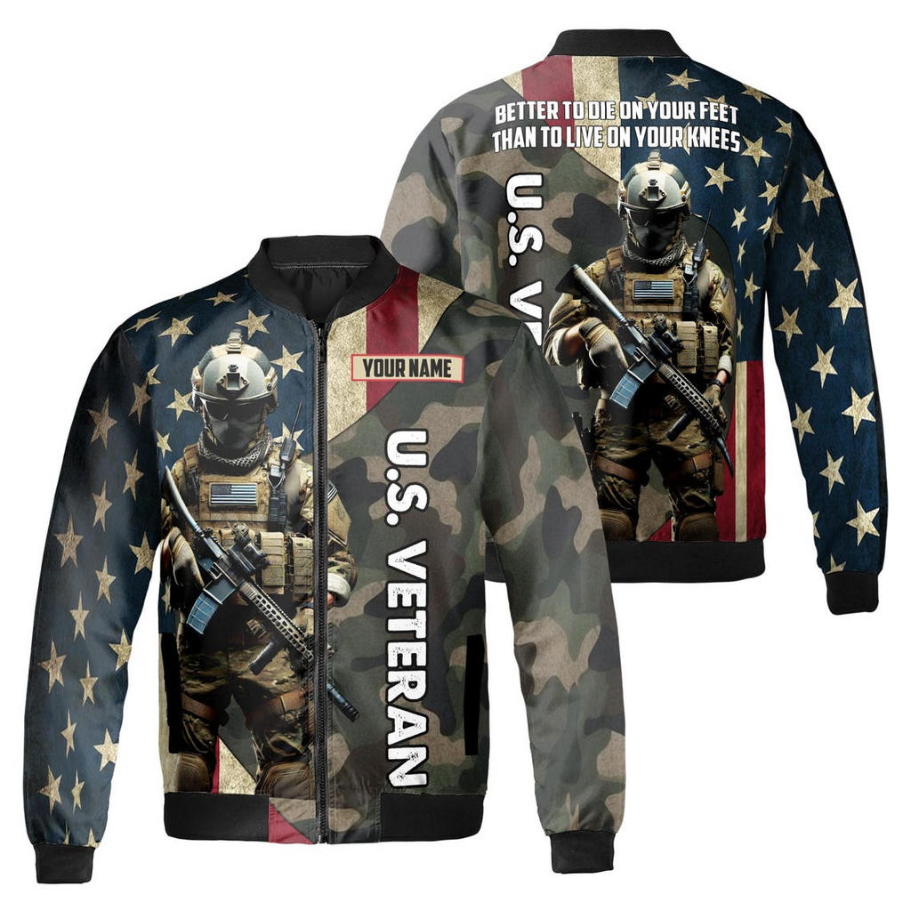 Customize Name U.S Veteran Quote America Flag Camo Pattern Dark Colors Bomber Jacket (S-5XL)