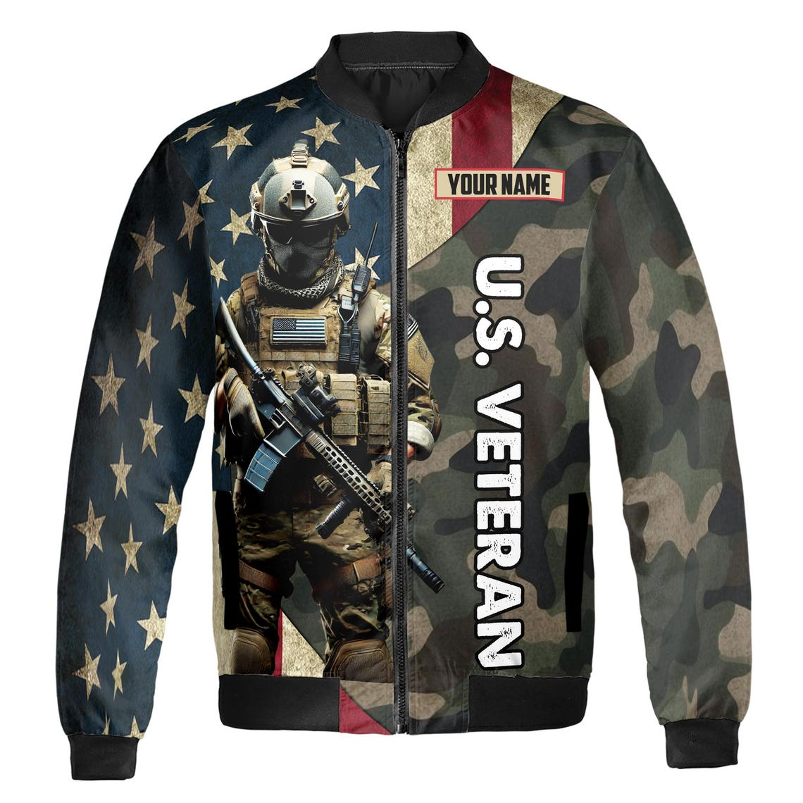 Customize Name U.S Veteran Quote America Flag Camo Pattern Dark Colors Bomber Jacket (S-5XL)