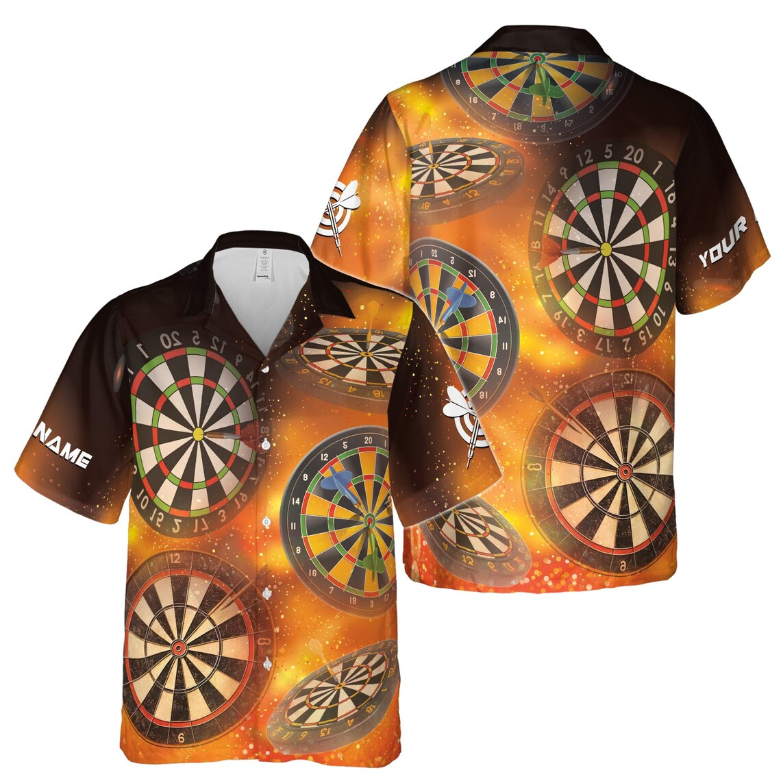 Customize Name Darts And Dartboard Yellow Heat Print Black Hawaiian Shirts (S-5XL)