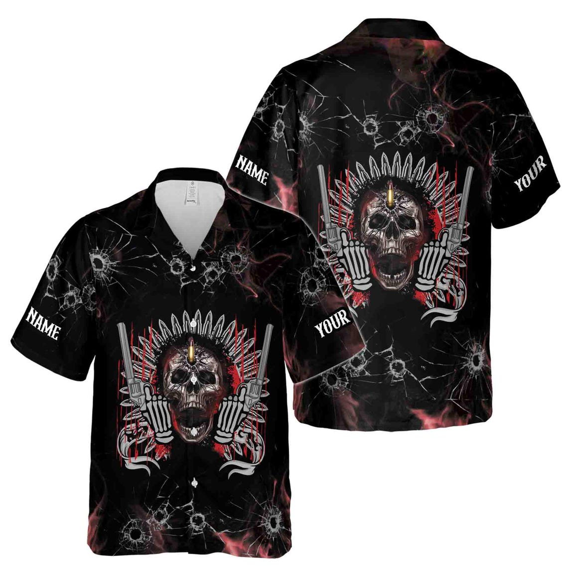 Customize Name Skull With Gun Bullet Holes Crack Pattern Black Hawaiian Shirts (S-5XL)