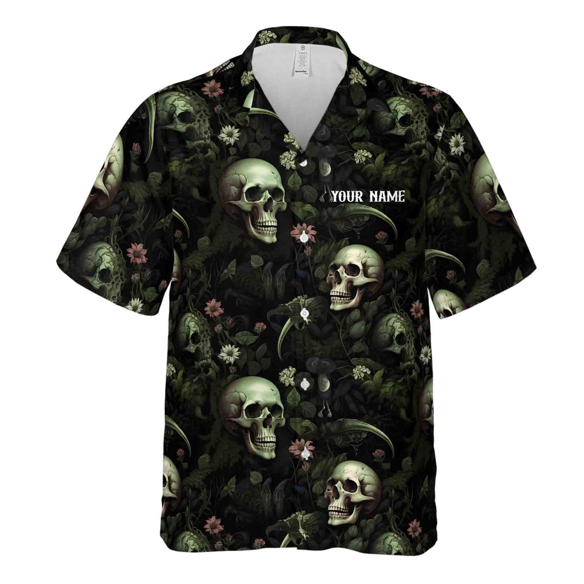Customize Name Skull Mossy Forest Pattern Green Black Hawaiian Shirts (S-5XL)