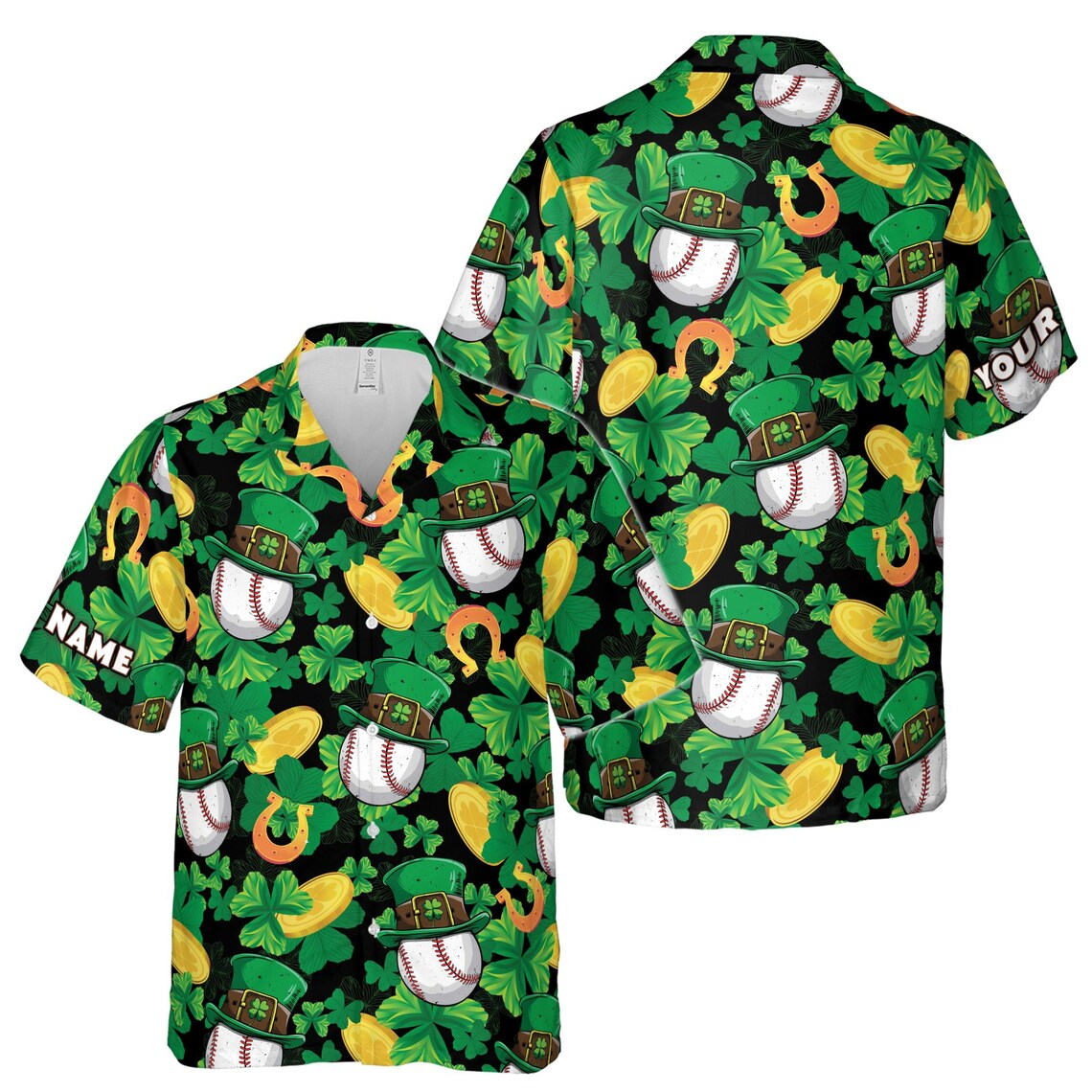Customize Name Baseball Lucky Irish Cap Four Leaf Clover Black Hawaiian Shirt (S-5XL)
