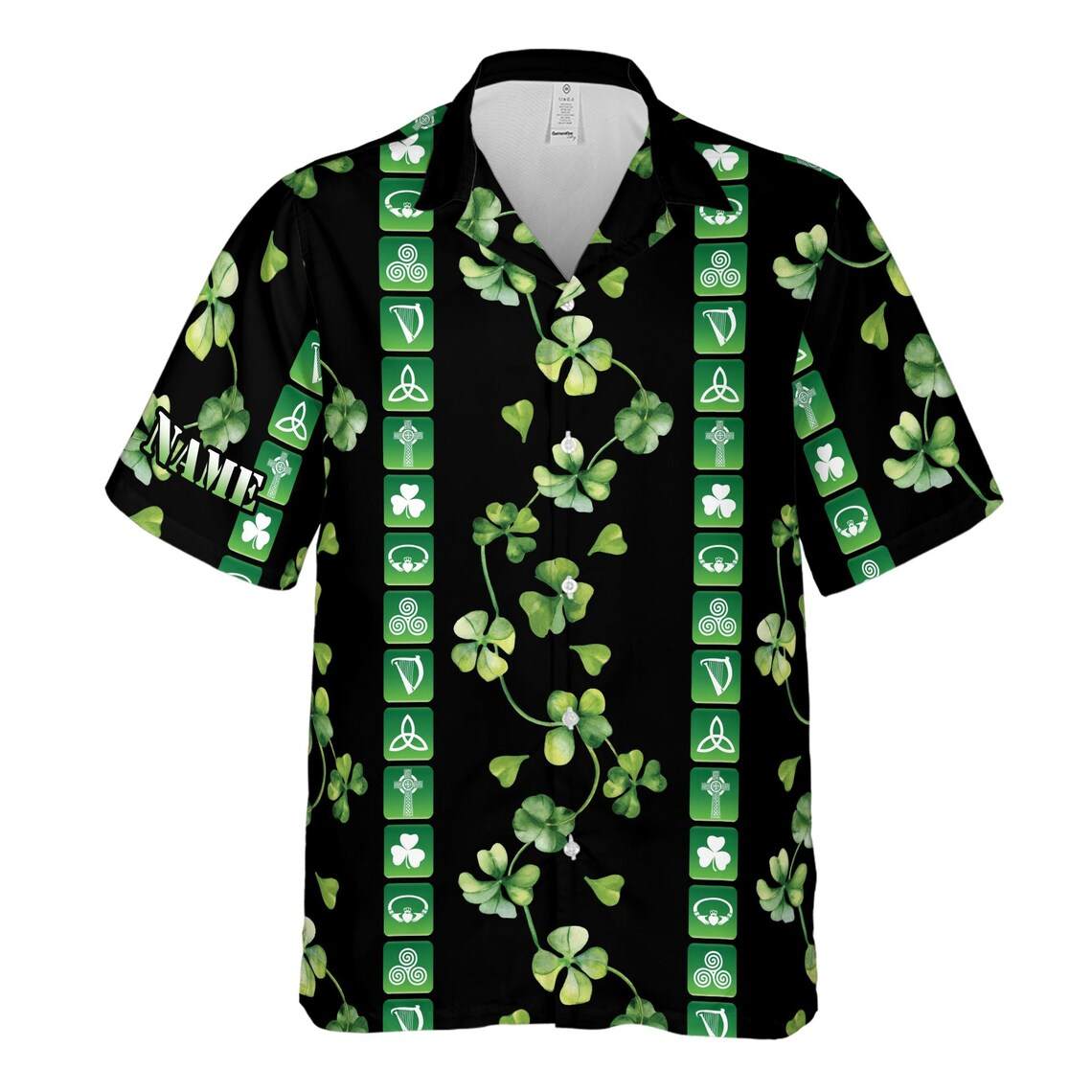 Customize Name Irish Culture Iconography Clover Pattern Black Hawaiian Shirts (S-5XL)