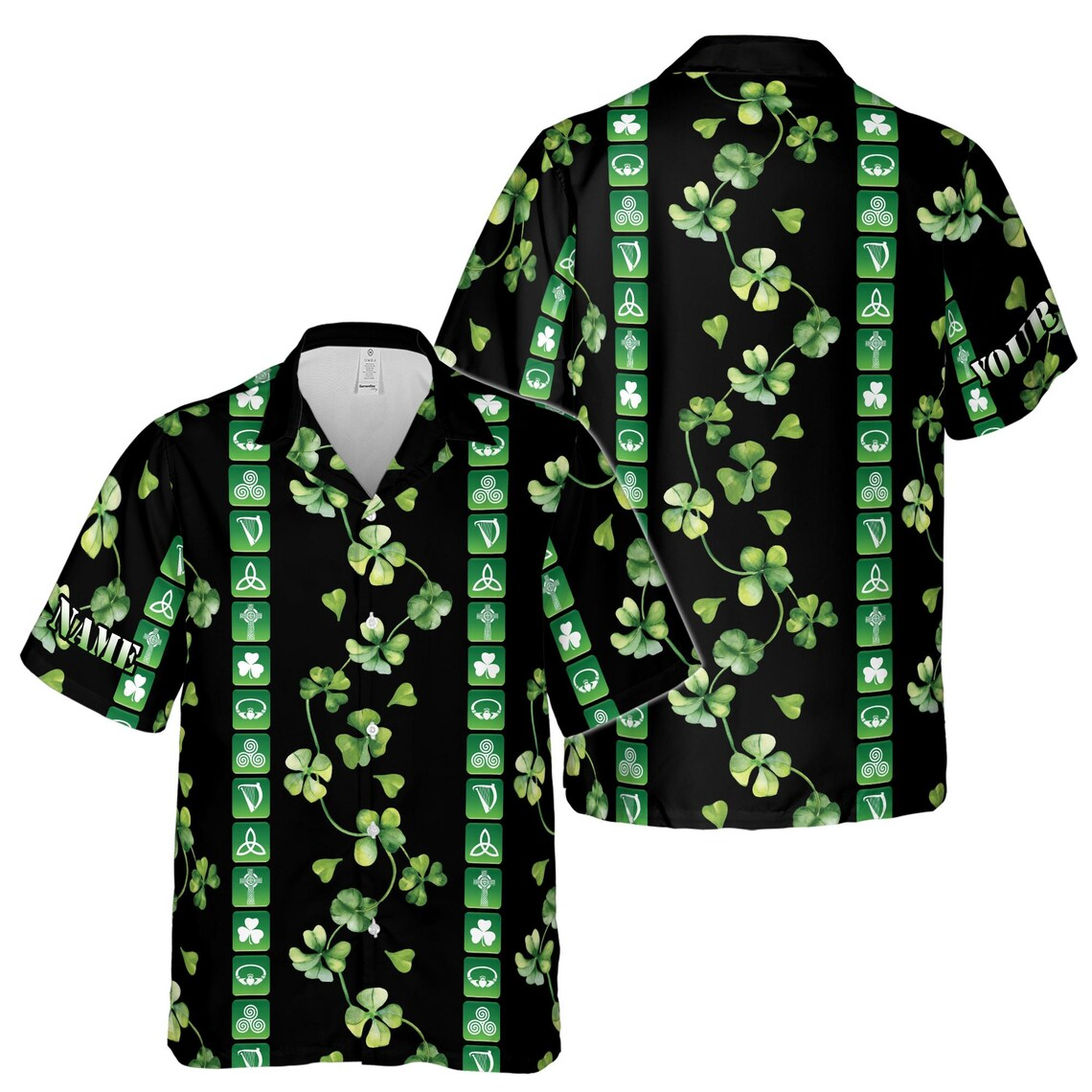 Customize Name Irish Culture Iconography Clover Pattern Black Hawaiian Shirts (S-5XL)