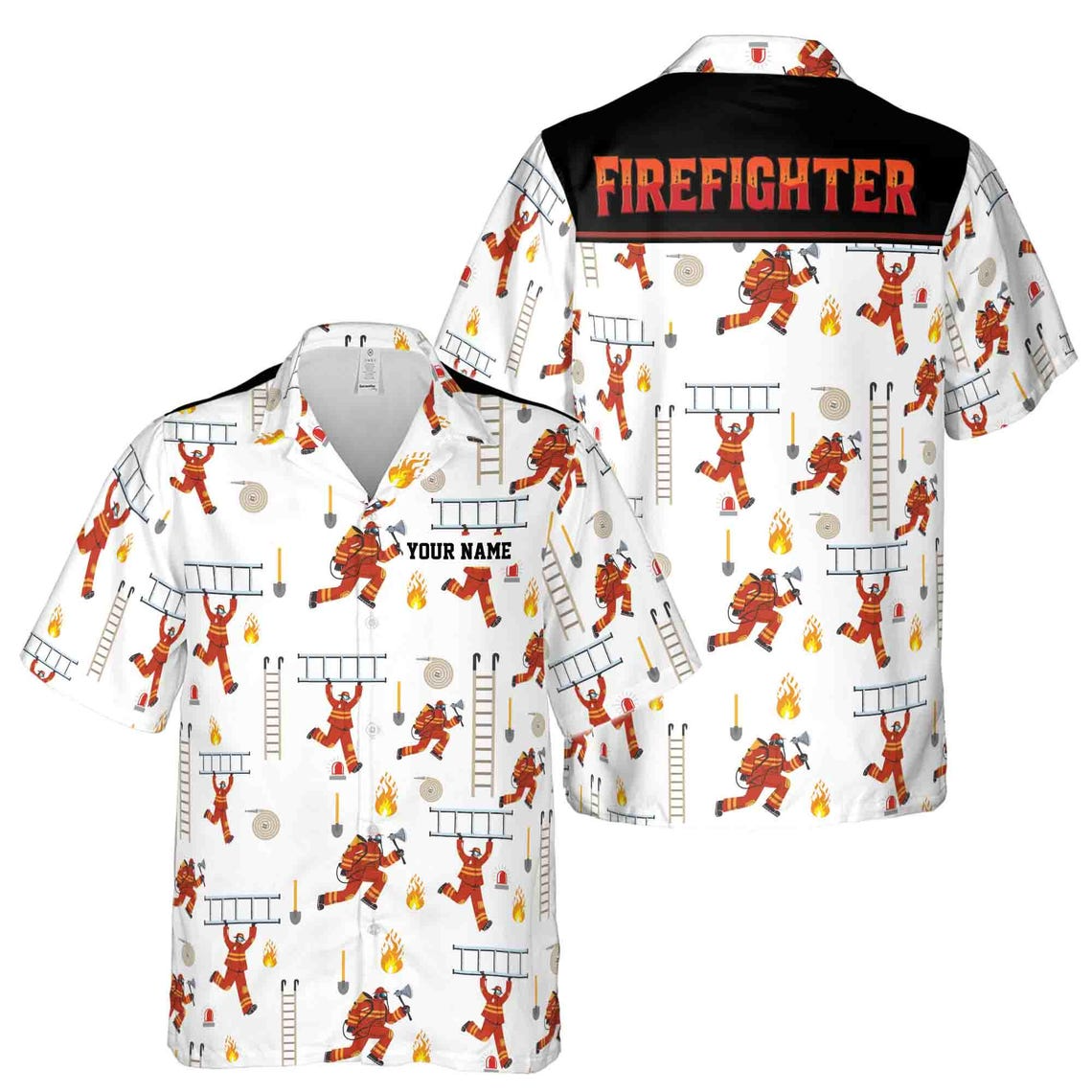 Custom Name Firefighter And Equipments Theme Pattern White Hawaiian Shirts (S-5XL)