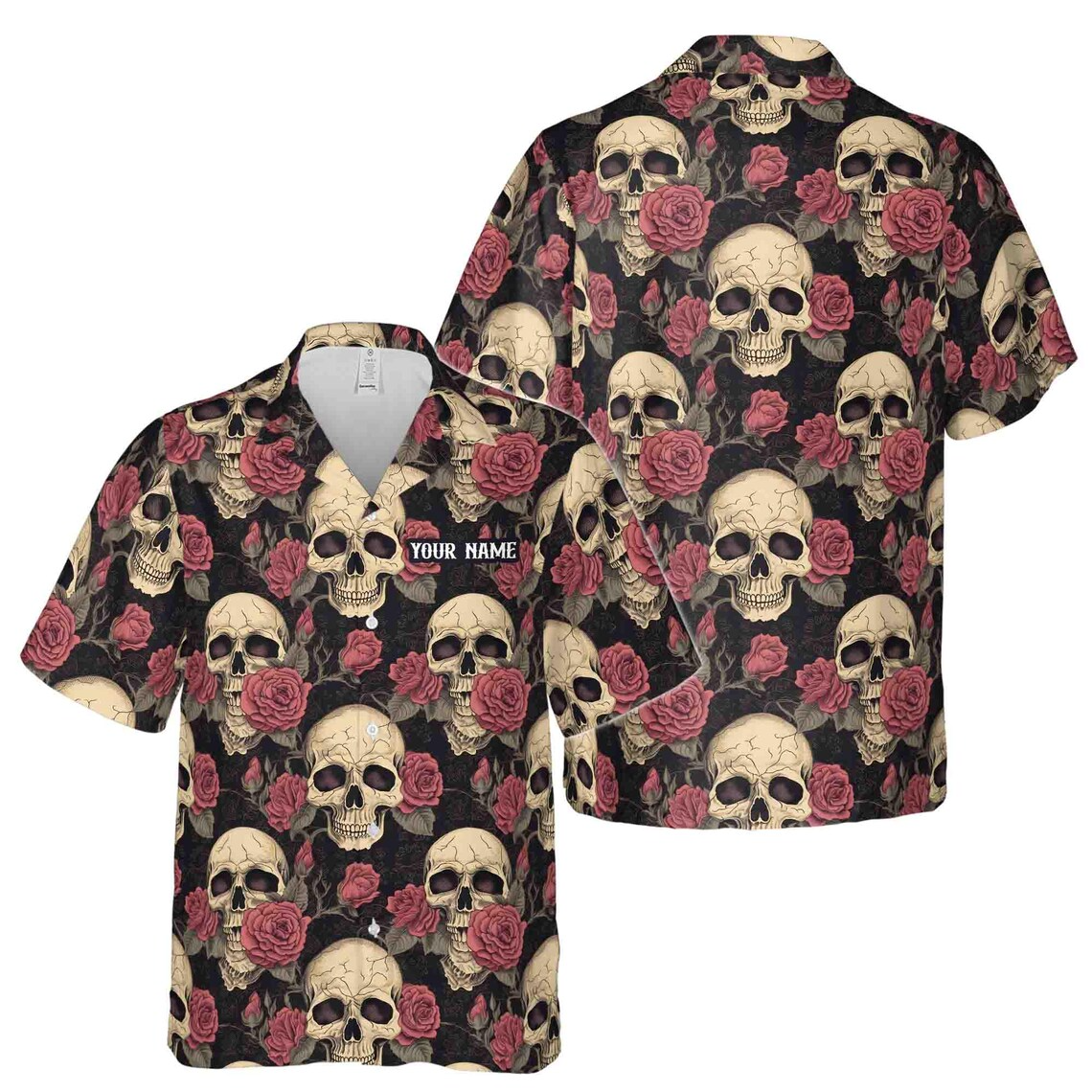 Customize Name Skull And Red Rose Gothic Pattern Black Hawaiian Shirts (S-5XL)