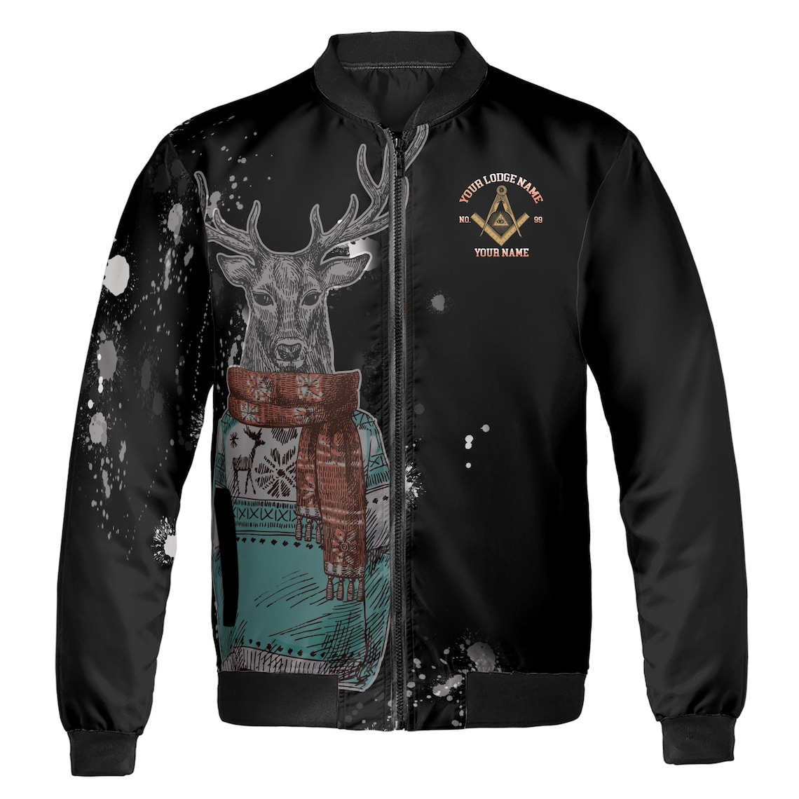 Customize Freemason Christmas Reindeer In Clothing Splashes Pattern Bomber Jacket (S-5XL)