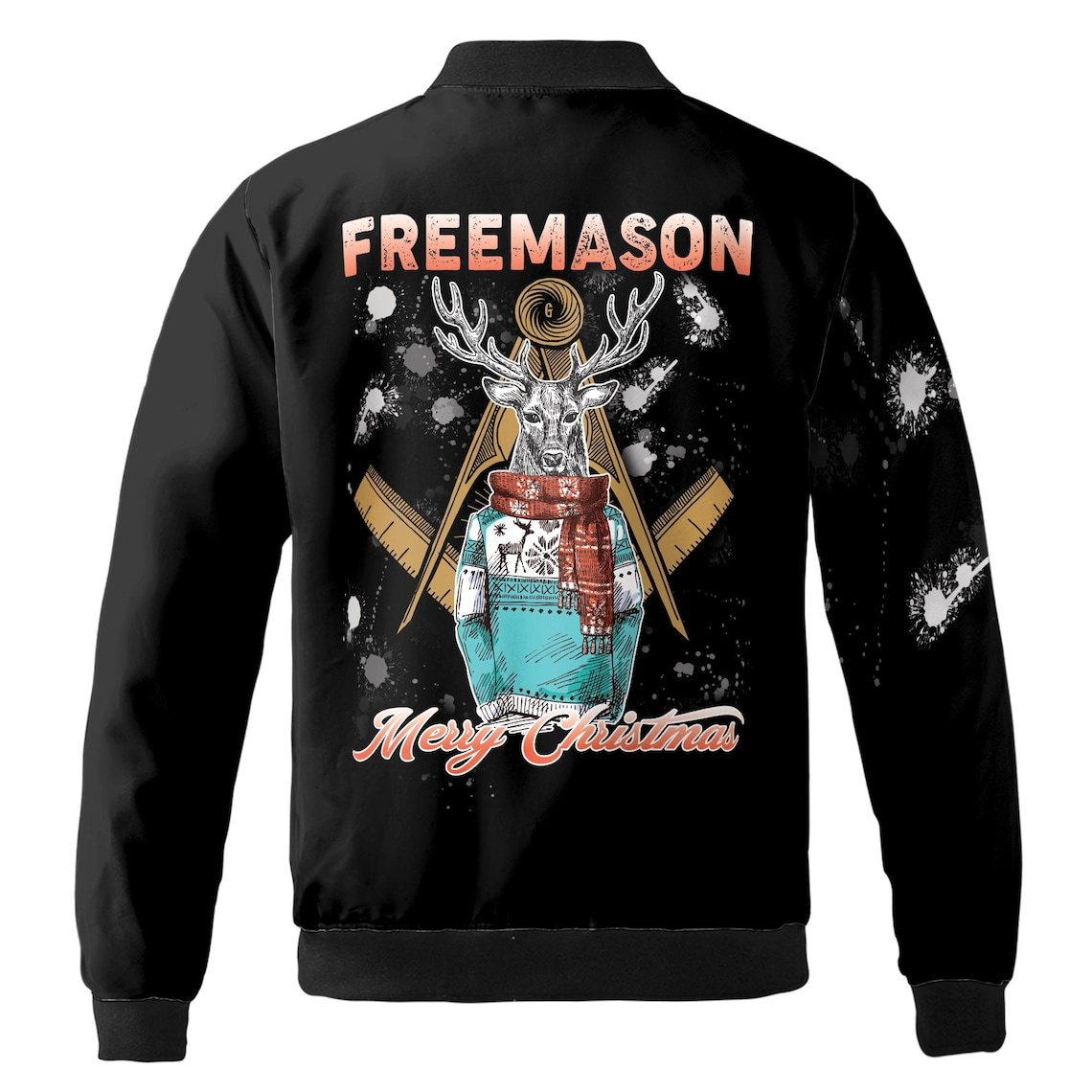 Customize Freemason Christmas Reindeer In Clothing Splashes Pattern Bomber Jacket (S-5XL)