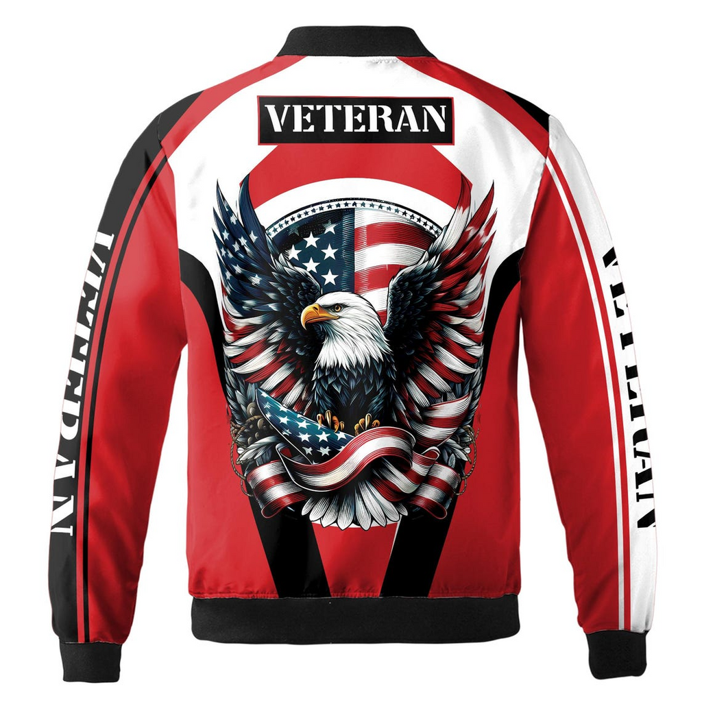 Customize Name Veteran Salute America Flag Eagle Stars Patriotic Red Bomber Jacket (S-5XL)