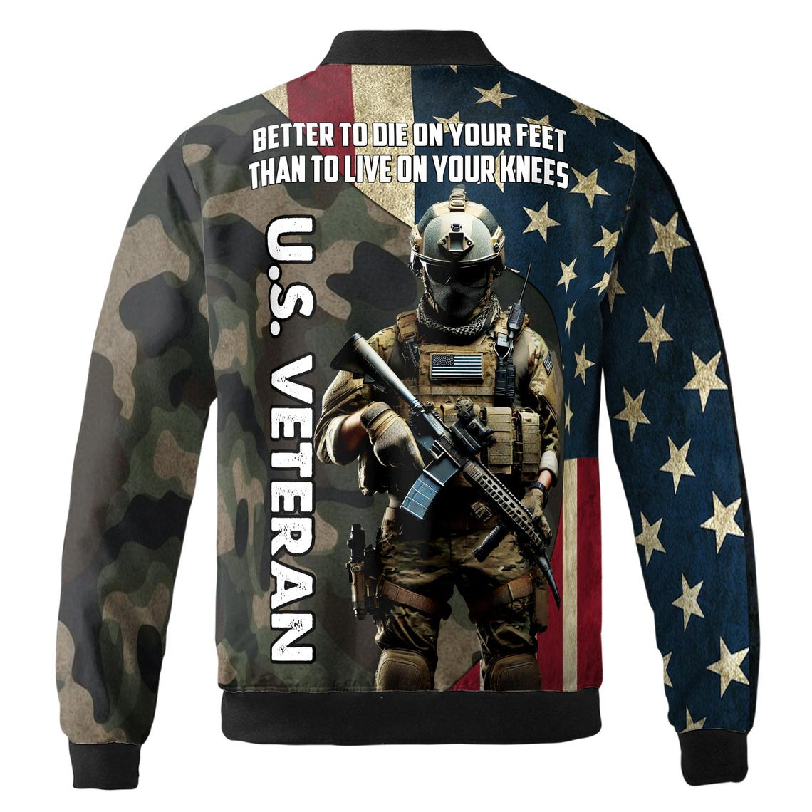 Customize Name U.S Veteran Quote America Flag Camo Pattern Dark Colors Bomber Jacket (S-5XL)