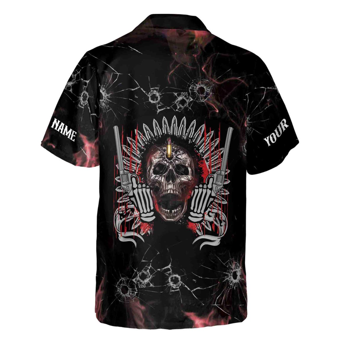 Customize Name Skull With Gun Bullet Holes Crack Pattern Black Hawaiian Shirts (S-5XL)