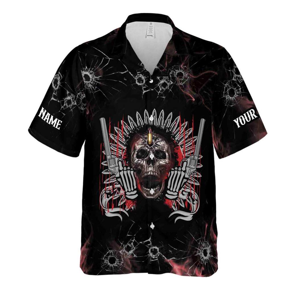 Customize Name Skull With Gun Bullet Holes Crack Pattern Black Hawaiian Shirts (S-5XL)