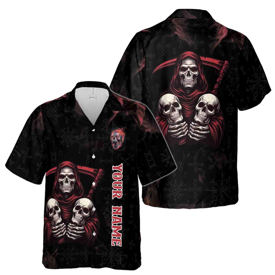 Customize Name Grim Reaper Scythe And Skulls Fire Runes Pattern Hawaiian Shirts (S-5XL)