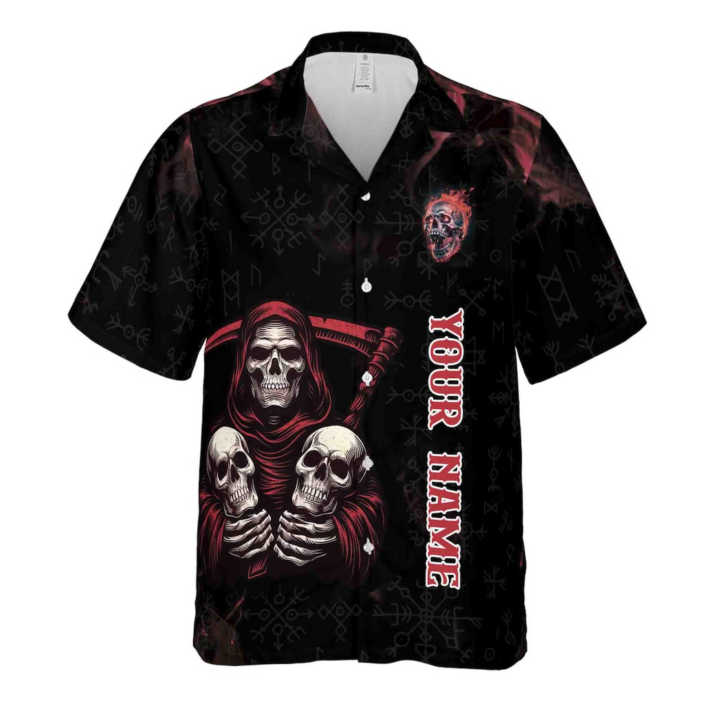 Customize Name Grim Reaper Scythe And Skulls Fire Runes Pattern Hawaiian Shirts (S-5XL)