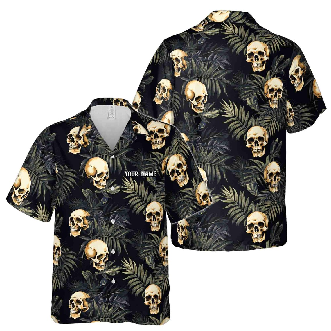 Customize Name Skull And Leaves Pattern Black Hawaiian Shirts (S-5XL)