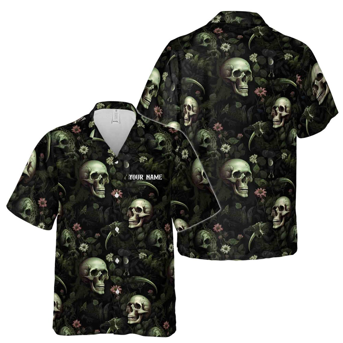 Customize Name Skull Mossy Forest Pattern Green Black Hawaiian Shirts (S-5XL)