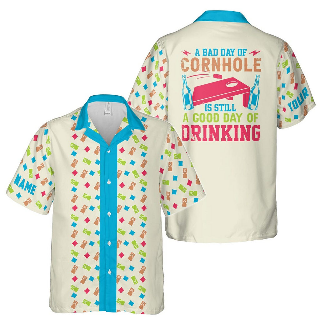 Customize Name Cornhole Beer Quote A Bad Day Of Cornhole Pattern Beige Hawaiian Shirt (S-5XL)