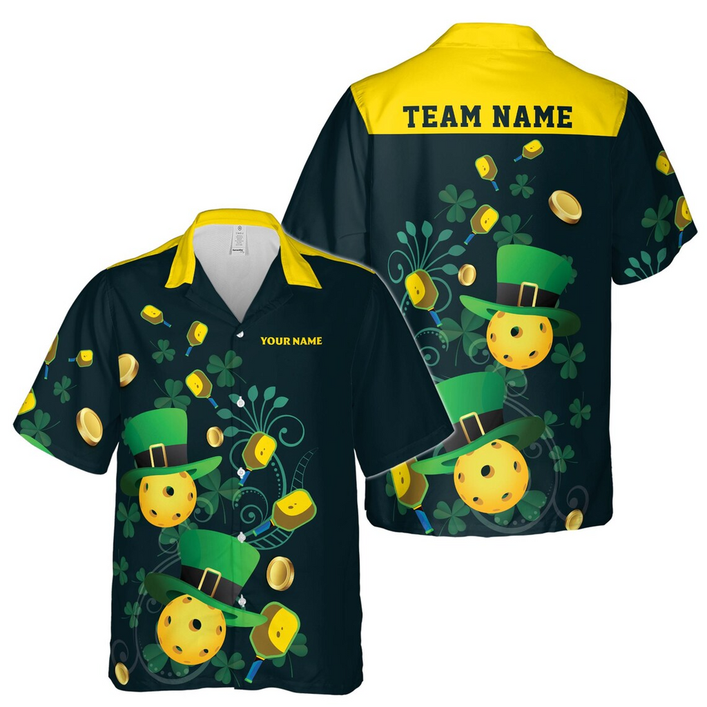 Custom Name Pickleball Hawaiian Shirts: Lucky Irish Clover Pattern