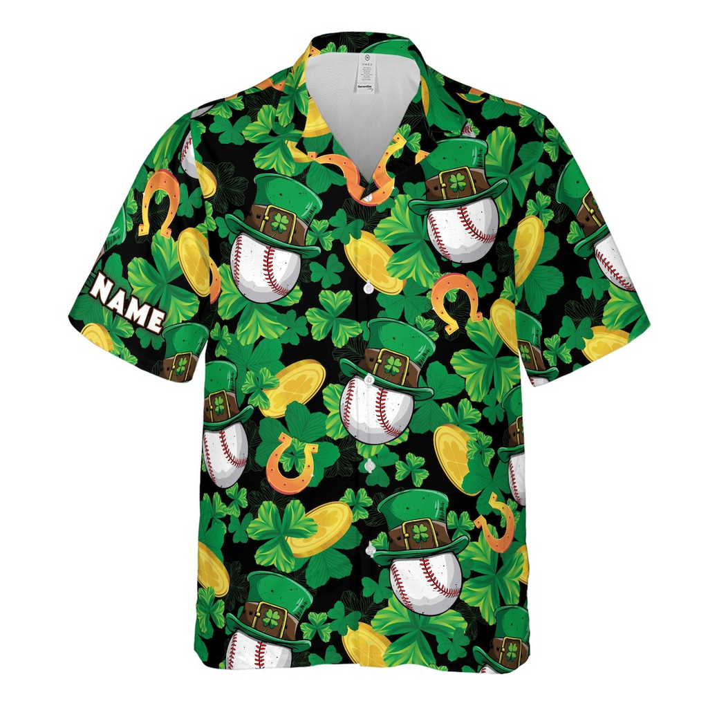 Customize Name Baseball Lucky Irish Cap Four Leaf Clover Black Hawaiian Shirt (S-5XL)