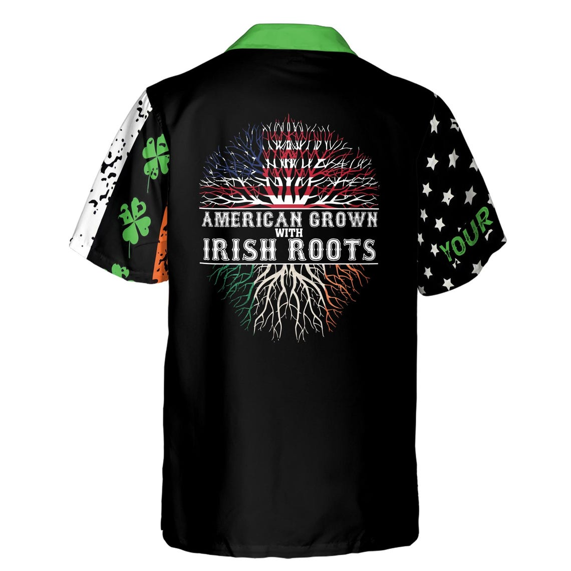 Customize Name American Grown With Irish Roots Clover Pattern Black Hawaiian Shirt (S-5XL)