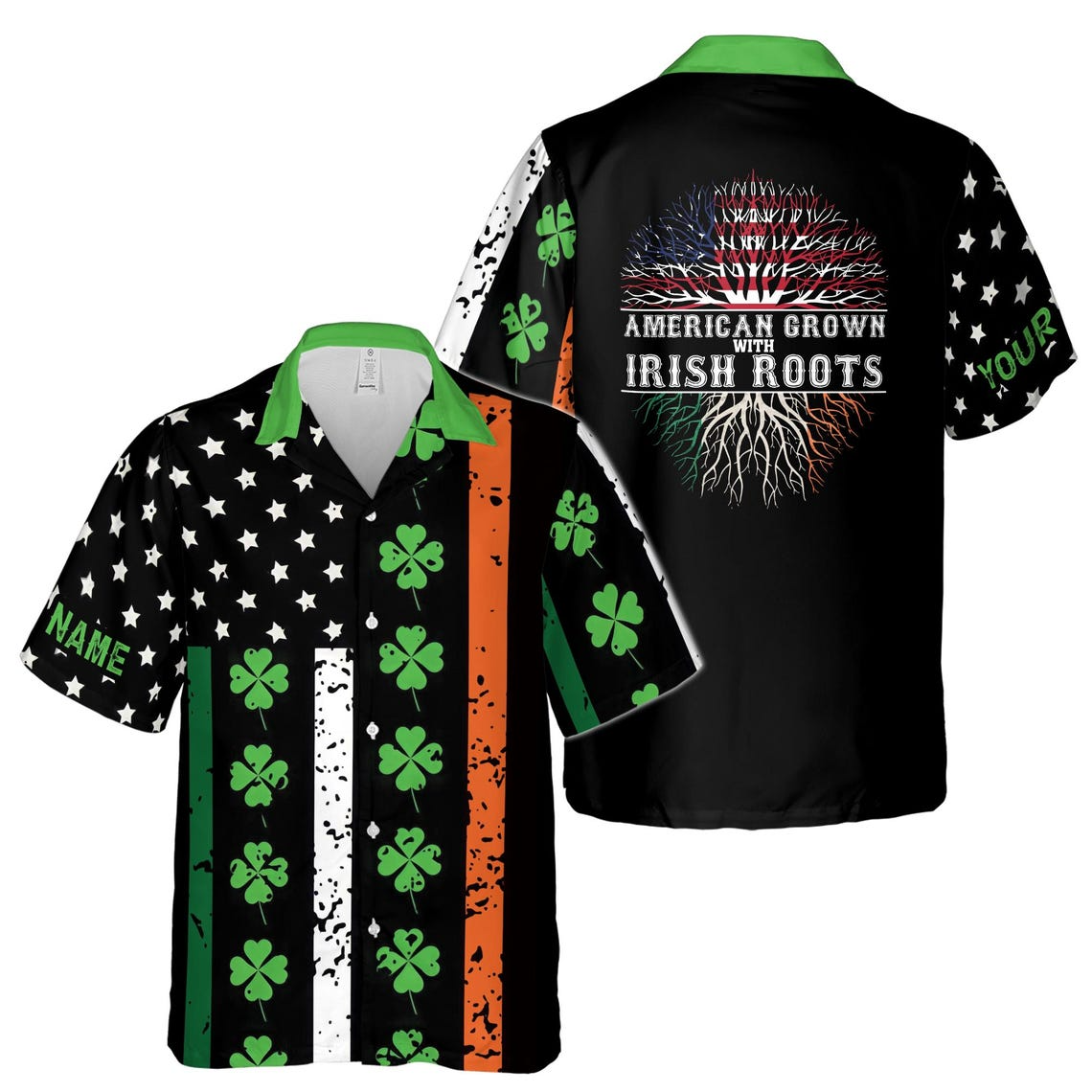 Customize Name American Grown With Irish Roots Clover Pattern Black Hawaiian Shirt (S-5XL)