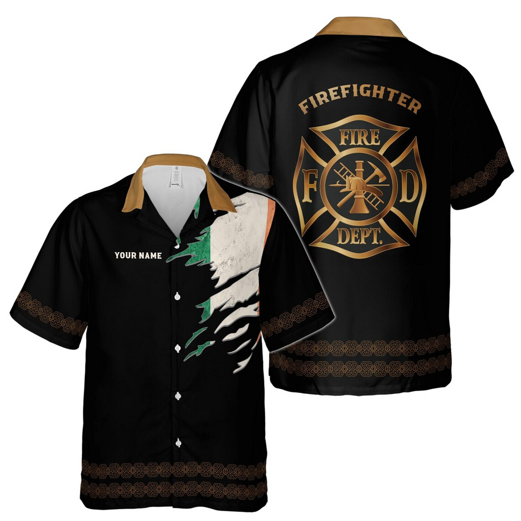 Customize Name Ireland Flag Firefighter Department Black Hawaiian Shirts (S-5XL)