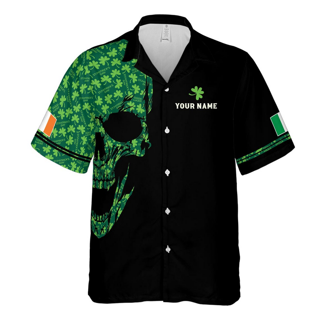 Custom Name Skeleton Irish Flag Clover Pattern Black Hawaiian Shirts (S-5XL)
