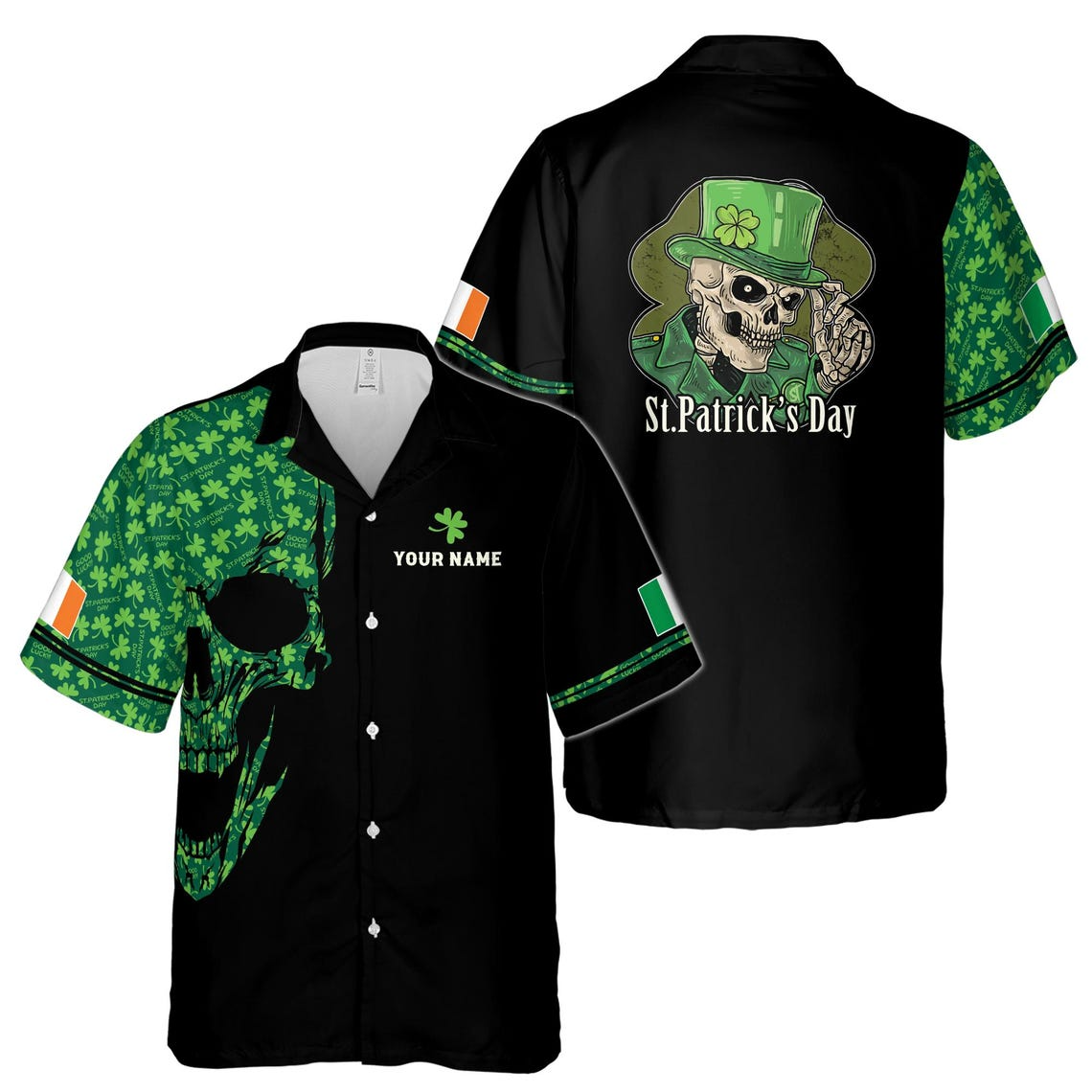 Custom Name Skeleton Irish Flag Clover Pattern Black Hawaiian Shirts (S-5XL)