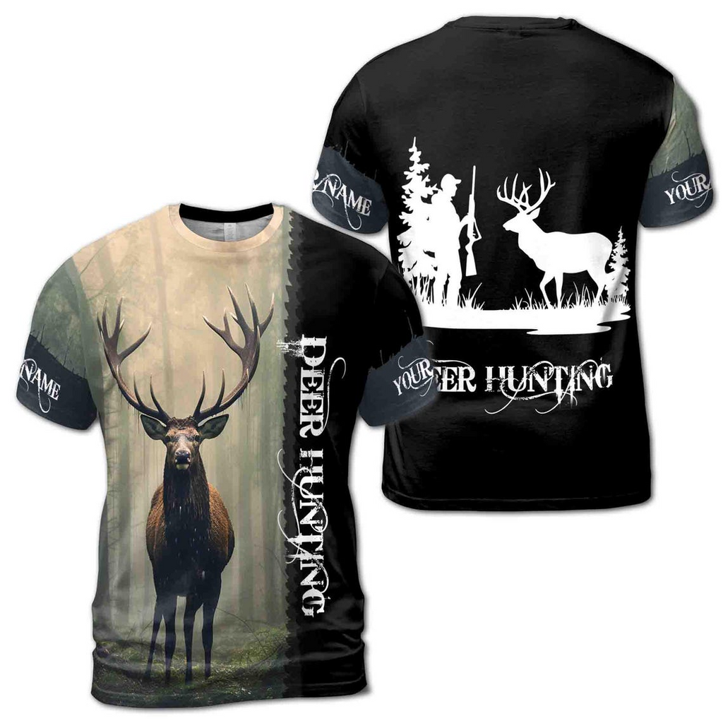 Customize Name Deer Hunting In The Forest Black White 3D T-Shirt (S-5XL)