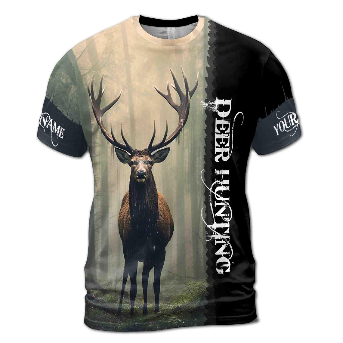 Customize Name Deer Hunting In The Forest Black White 3D T-Shirt (S-5XL)
