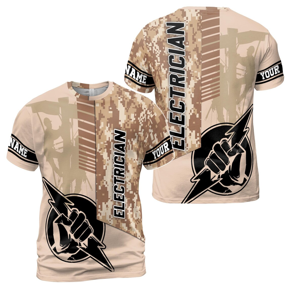 Customize Name Electrician Hand Lightning Skilled Labor Industrial Art Camo Pattern 3D T-Shirt (S-5XL)
