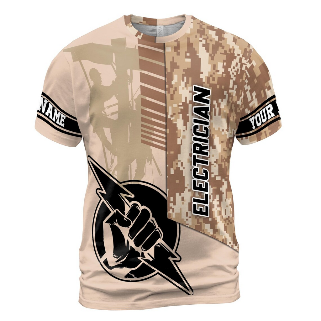 Customize Name Electrician Hand Lightning Skilled Labor Industrial Art Camo Pattern 3D T-Shirt (S-5XL)